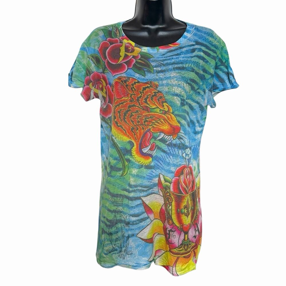 VINTAGE Y2K CHRISTIAN AUDIGER T SHIRT GRAPHIC PRINT TIGER CHALICE SKULL SHEER L